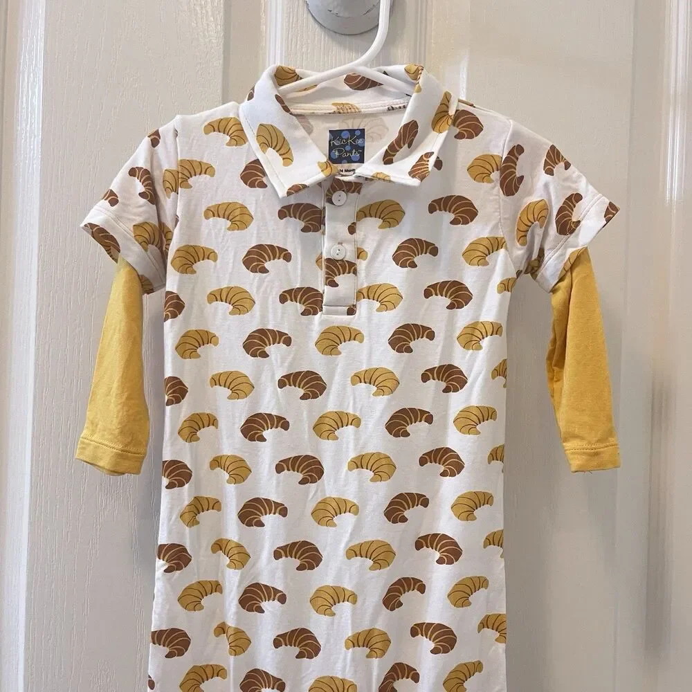 Kickee Pants Natural Croissants Polo Romper Bamboo Boys Size 18-24 Months